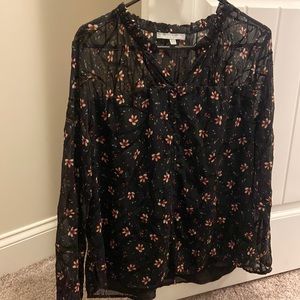 Daniel Rainn embroidered black floral, sheer-sleeve blouse